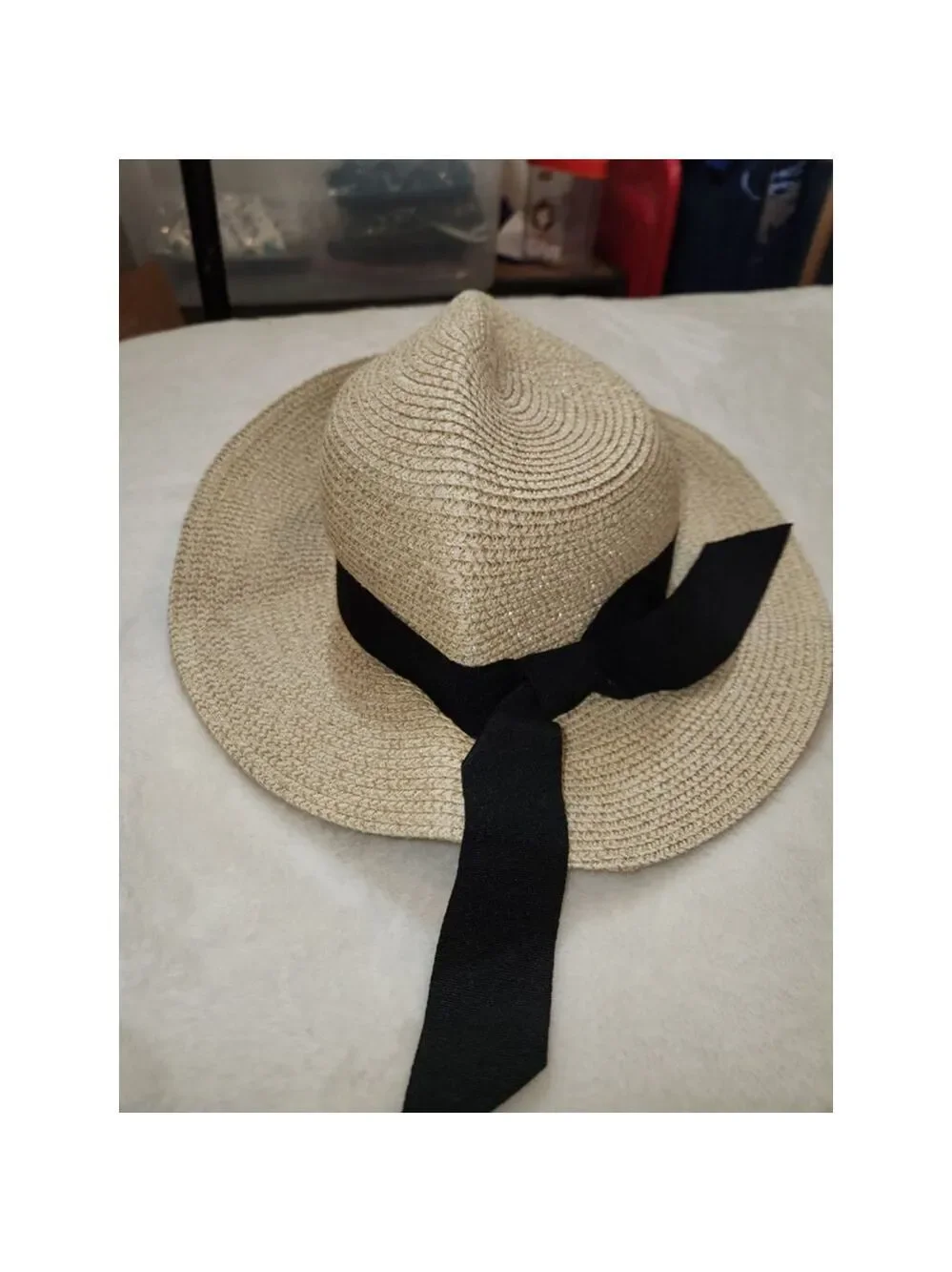 FURTALK Beige Straw Hat Size L Woven Black Ribbon